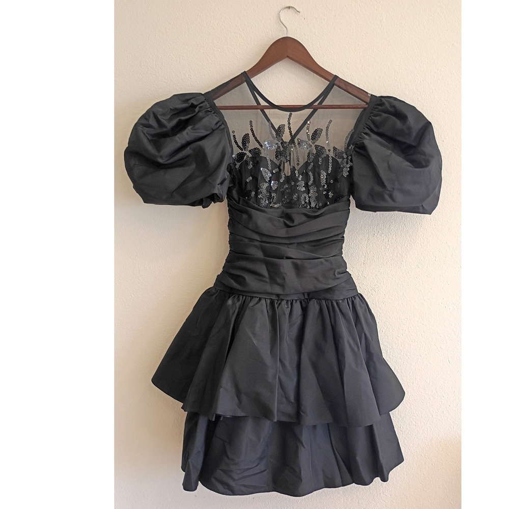 Vintage Climax Karen Okada David Howard‎ Black Sequin Puff Sleeve Mini Dress 3/4